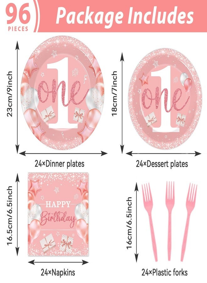 Wiooffen 96 Pcs Girl 1st Party Supplies Pink One Year Old Paper Plates Baby Girl 1st Birthday Decoration Pink DisposableTableware Set Bridal Shower Birthday Party Paper Plate Napkin Fork 24 Guests - Image 2